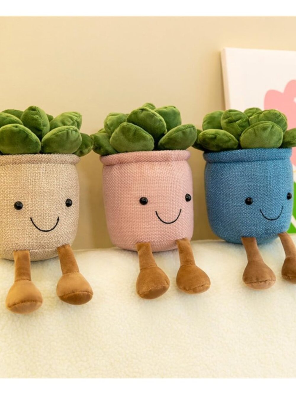 3 Piece Soft Succulents Plush Toys in colors Pink, Blue, & Khaki (NWOT)